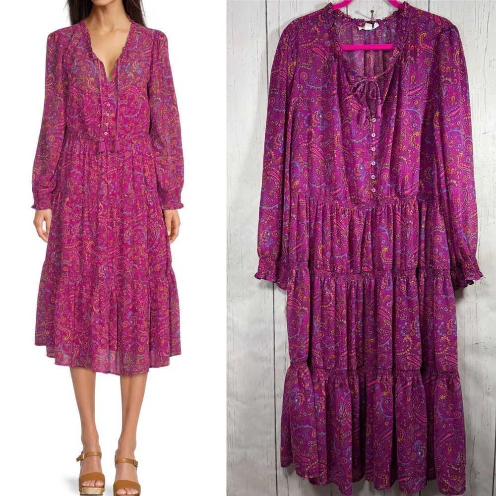 BeachLunchLounge Paisley Tiered Midi Dress XXL Purple Boho Cottagecore Sheer